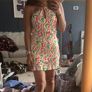 Mod, Retro 70s Swirl Print Zara Satin Effect Halter Mini Dress Green Pink Orange